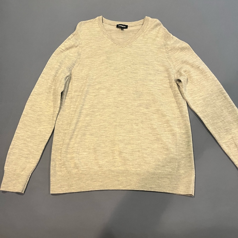 Men’s Express Merino Wool Sweater Gray V-Neck Pullover Long Sleeve NWOT